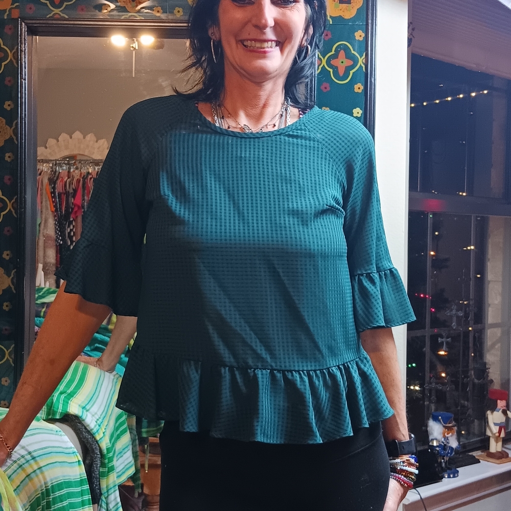 Chic Teal Ruffle Hem Blouse
